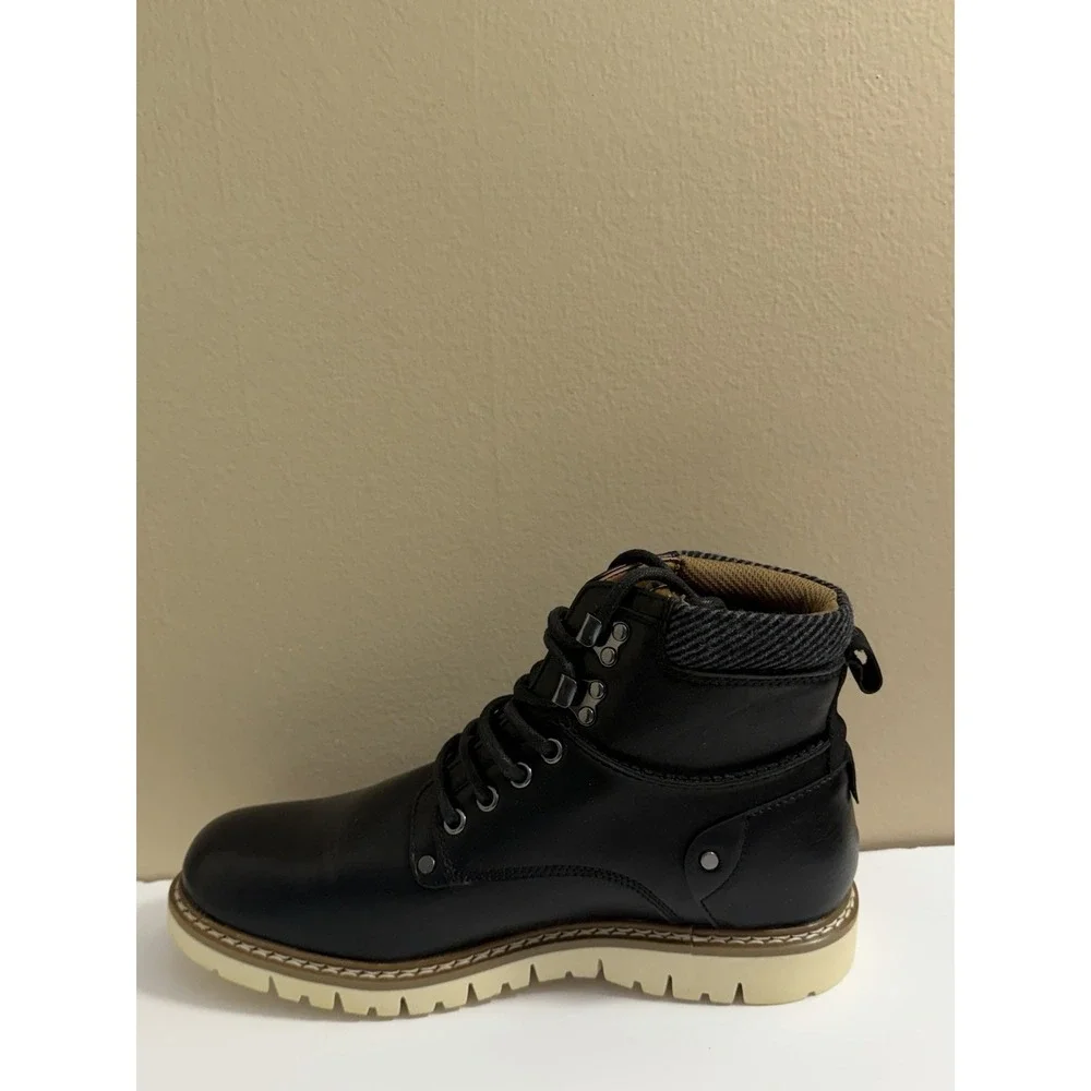Steve Madden Boot's 9.5 Men's Blk Madden NYC Lace-Up Cream Lug Sole EUC